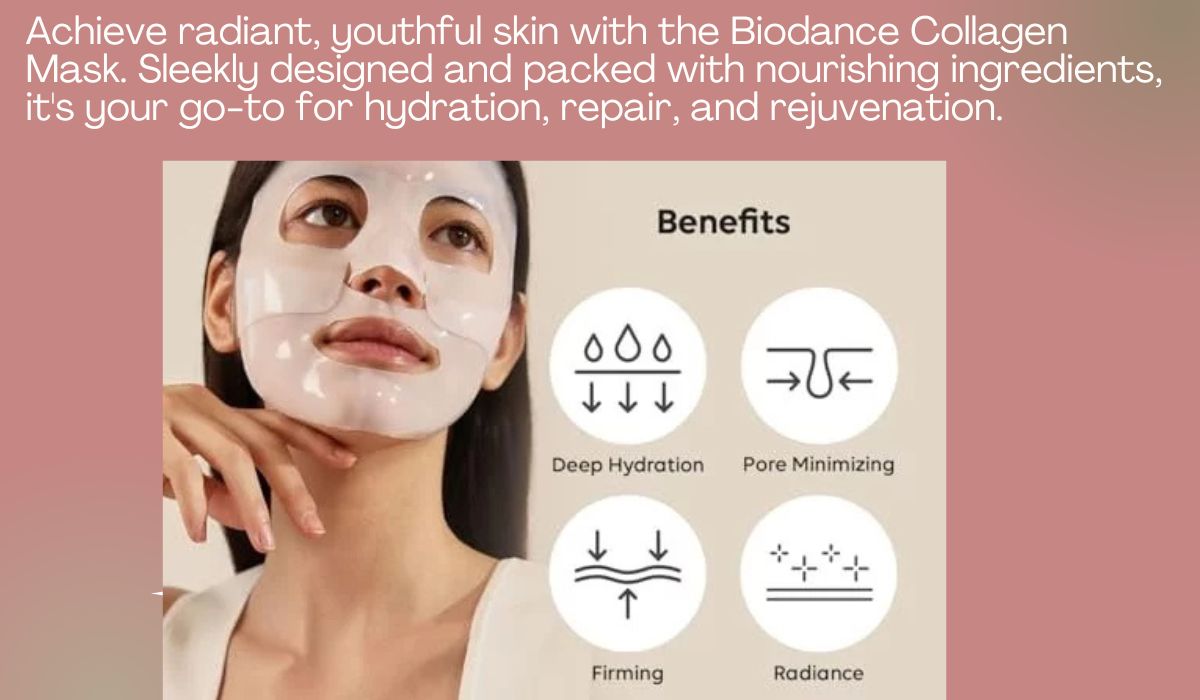 Biodance Collagen Mask packaging alongside a glowing model, highlighting hydration, firmness, and radiant skin benefits.