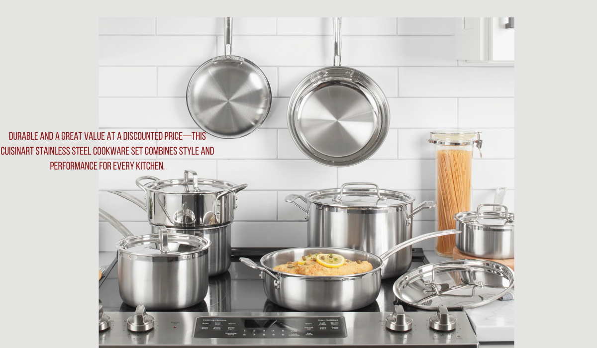 Cuisinart stainless steel cookware set displayed on a modern kitchen counter, showcasing sleek design and high-quality craftsmanship