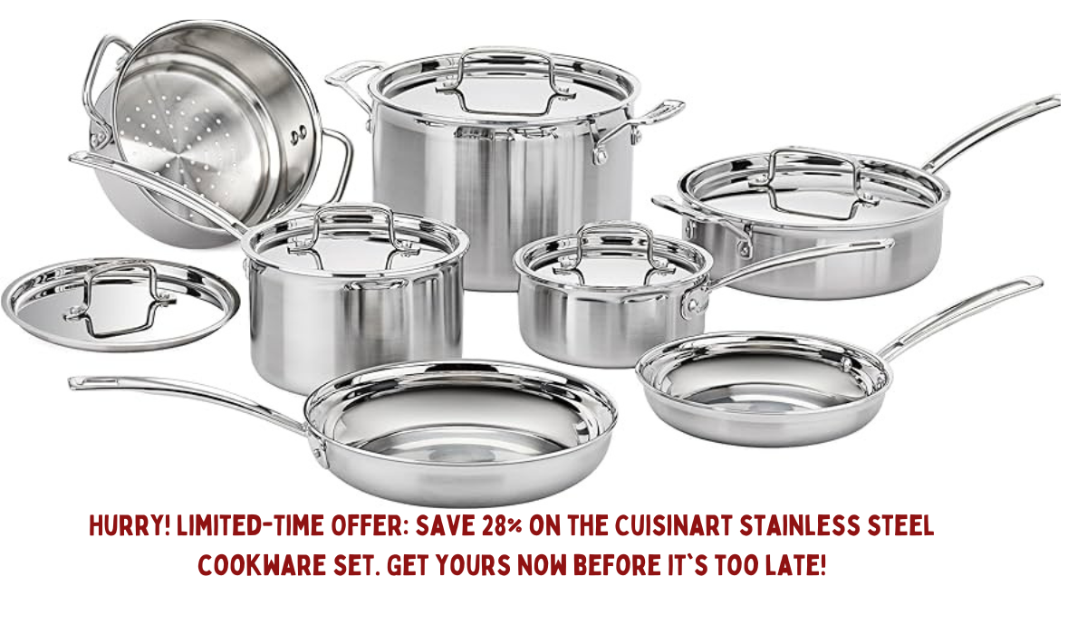 Close-up of Cuisinart stainless steel cookware set with a special discount offer, highlighting its sleek design and quality craftsmanship.