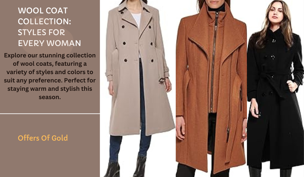 Collection of stylish wool coats in various colors and styles, 3 women standing and showing off, perfect for any winter wardrobe.