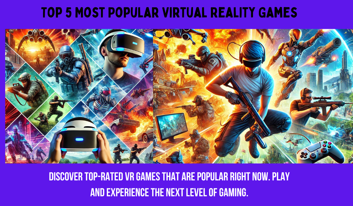 An exciting image showcasing the top 5 most popular virtual reality games, featuring vibrant gameplay scenes that highlight immersive action, adventure, and storytelling experiences.