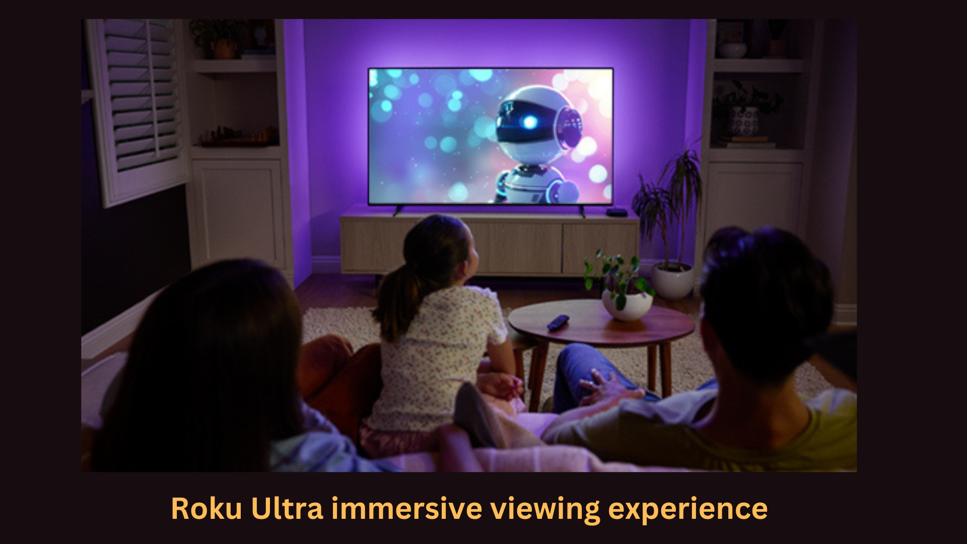 Group of people enjoying the Roku Ultra's immersive viewing experience on a large TV, showcasing its new and improved features for ultimate entertainment.