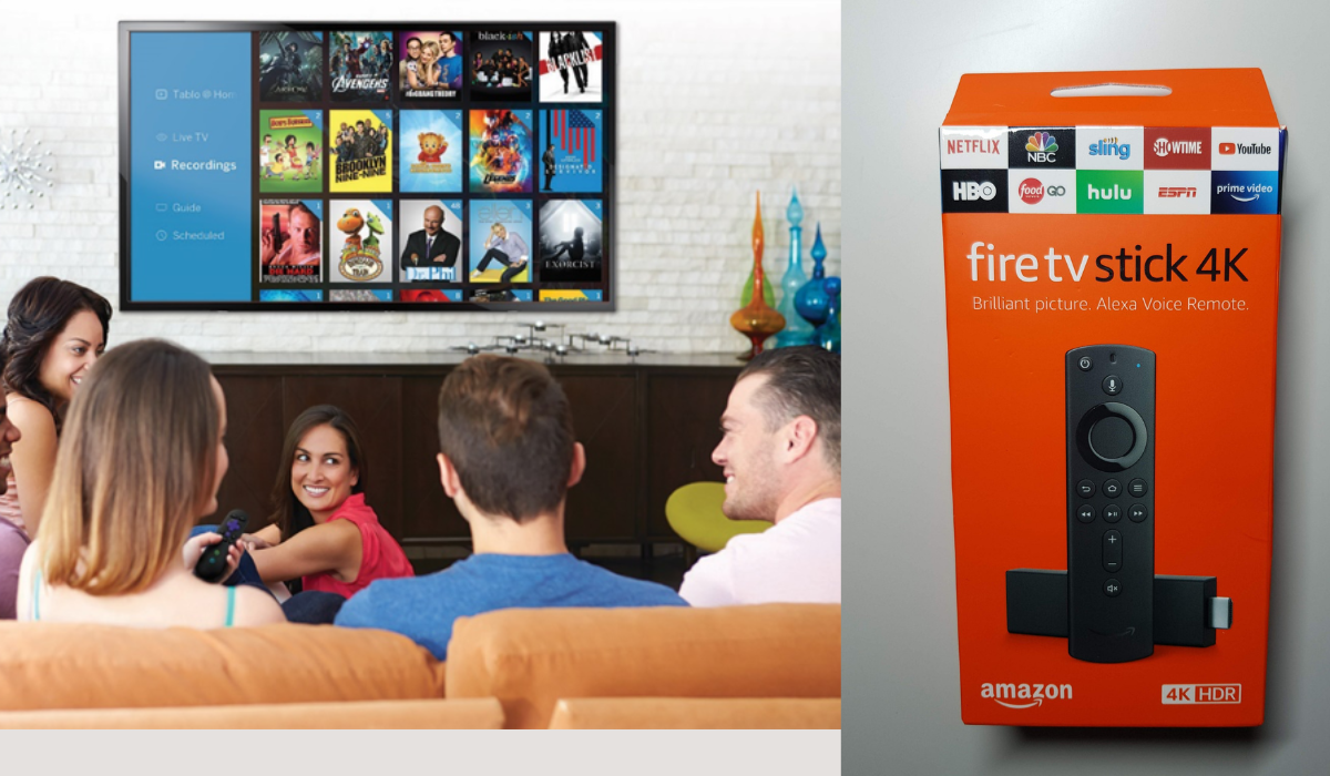 Family enjoying movie night with the Amazon Fire Stick 4K streaming on a large TV.