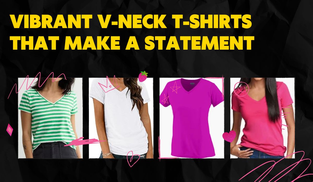 A collection of women’s V-neck T-shirts in various styles and colors, highlighting trendy pockets, long sleeves, and classic short-sleeve options from Offers of Gold.