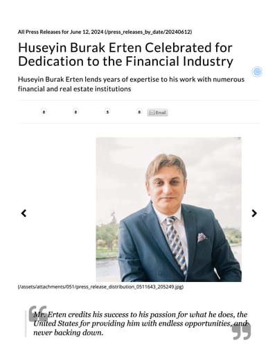 Huseyin Burak Erten Celebrated for Dedication to the Financial Industry
