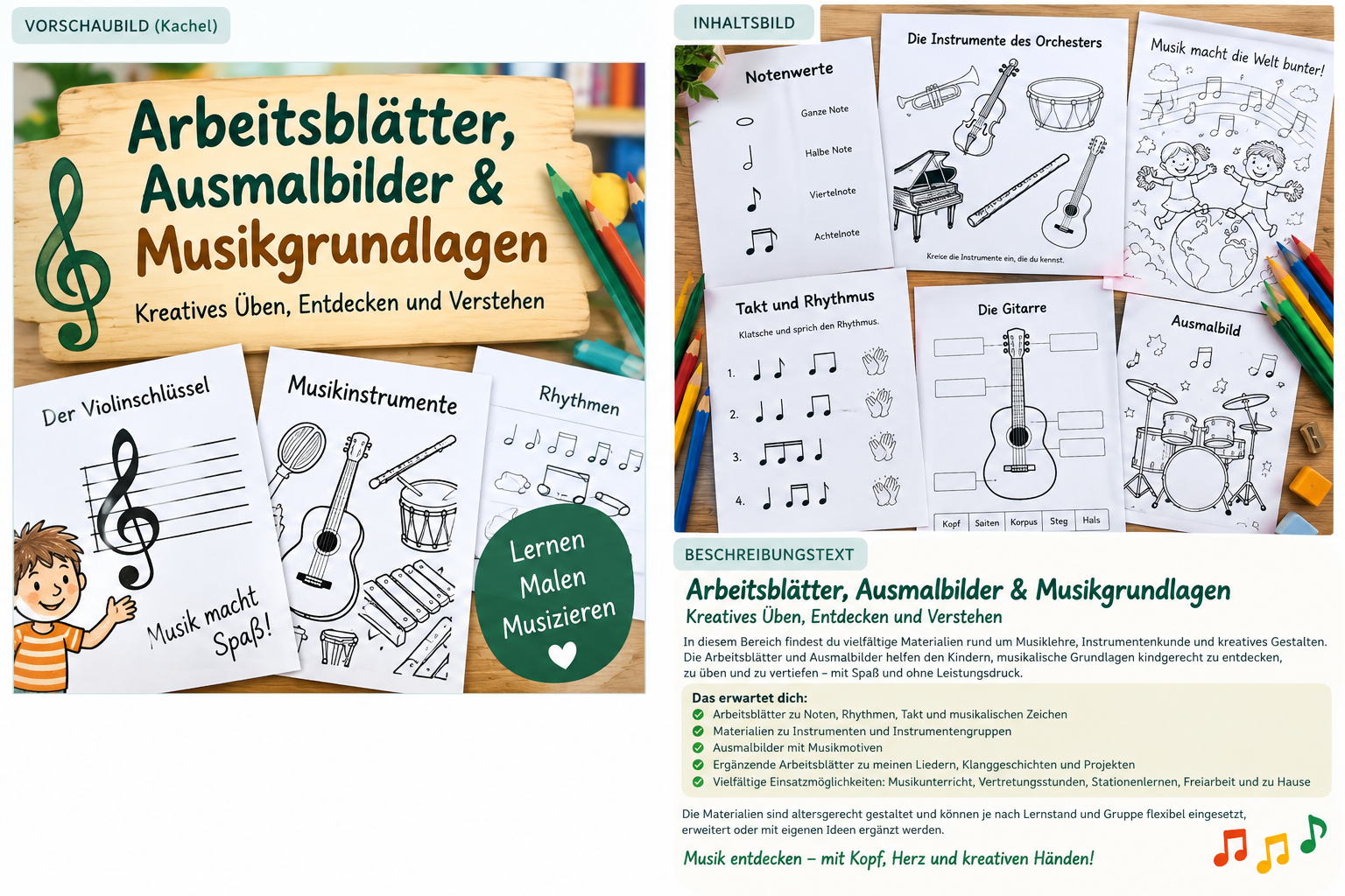 Arbeitsblätter, Ausmalbilder & Musikgrundlagen