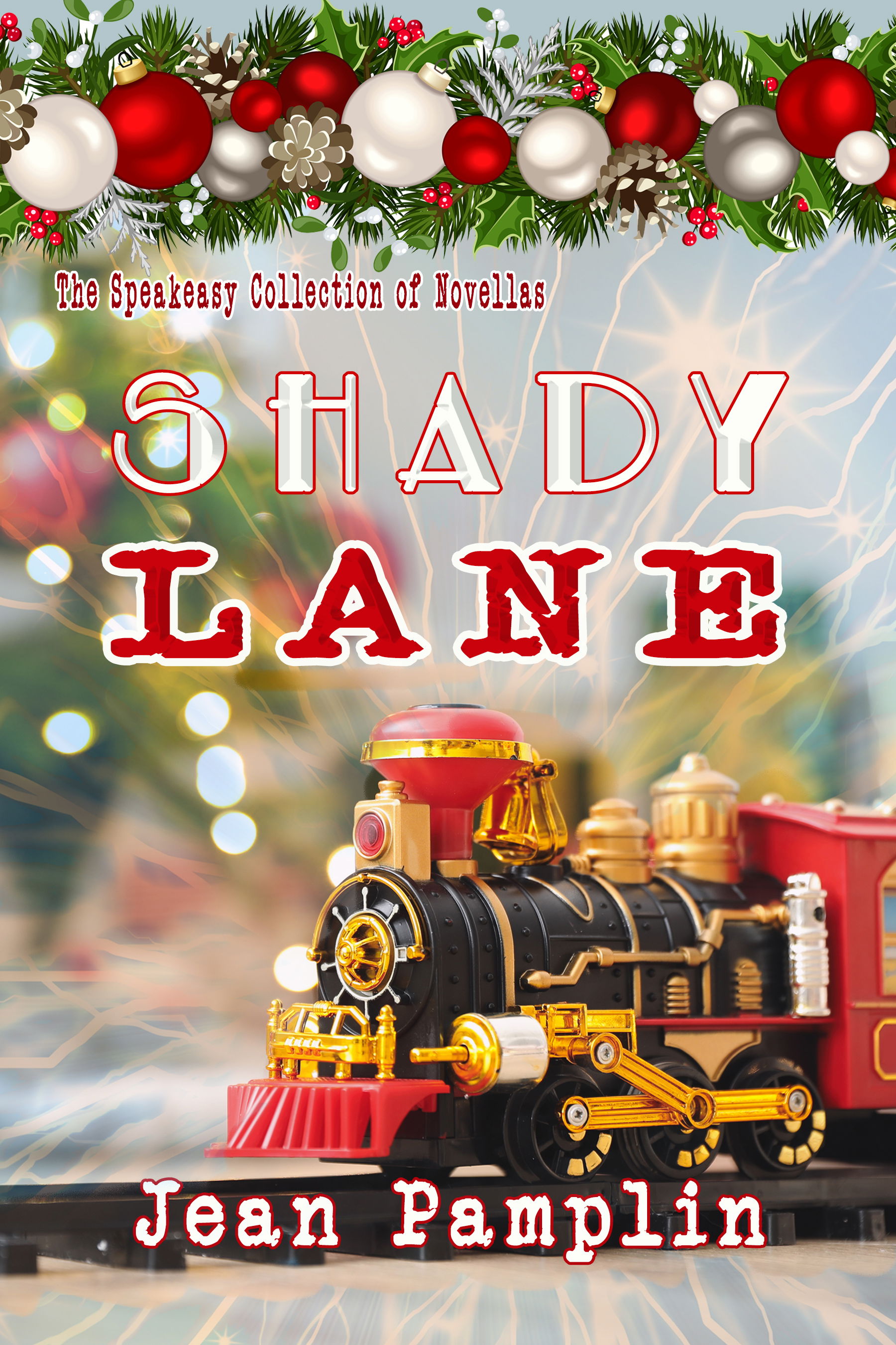 Christmas-themed book cover image with bright colors, train and ornaments