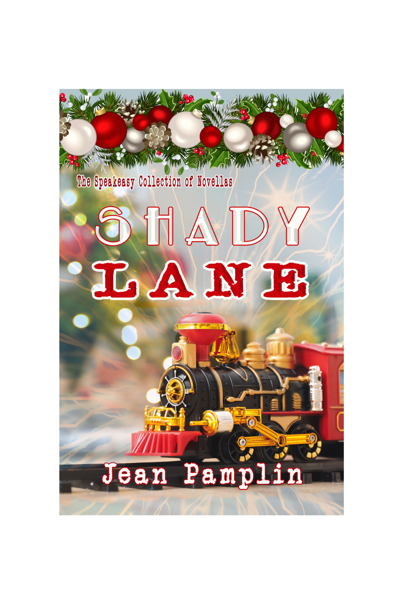 Christmas-themed book cover image with bright colors, train and ornaments