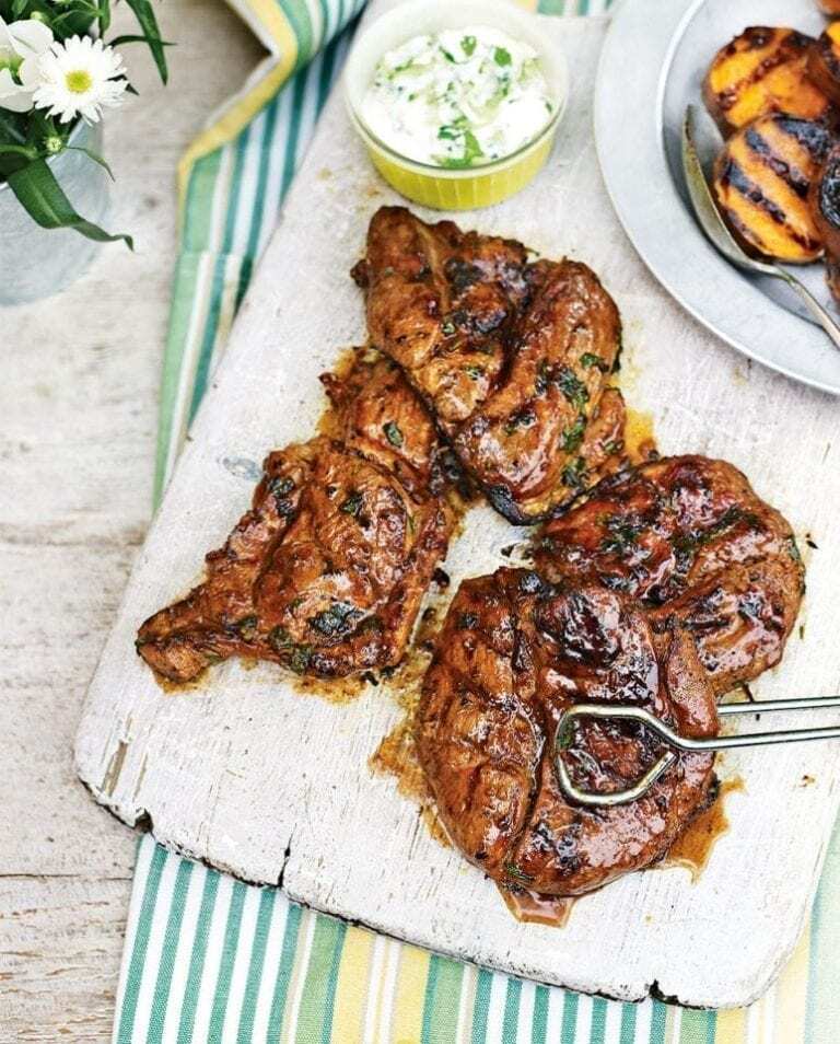 Chermoula lamb leg steaks with minted cucumber yogurt.
