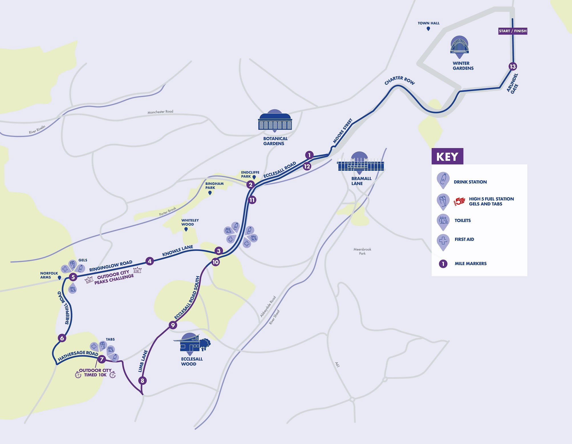 Image showing the route of the Sheffield 10k in September. The race begins and ends on Arundel Gate, taking a route out of the city centre towards the south west of the city. 