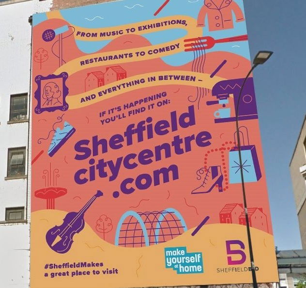 A large format banner on the side of the Central Library in Sheffield city centre promoting the website sheffieldcitycentre.com