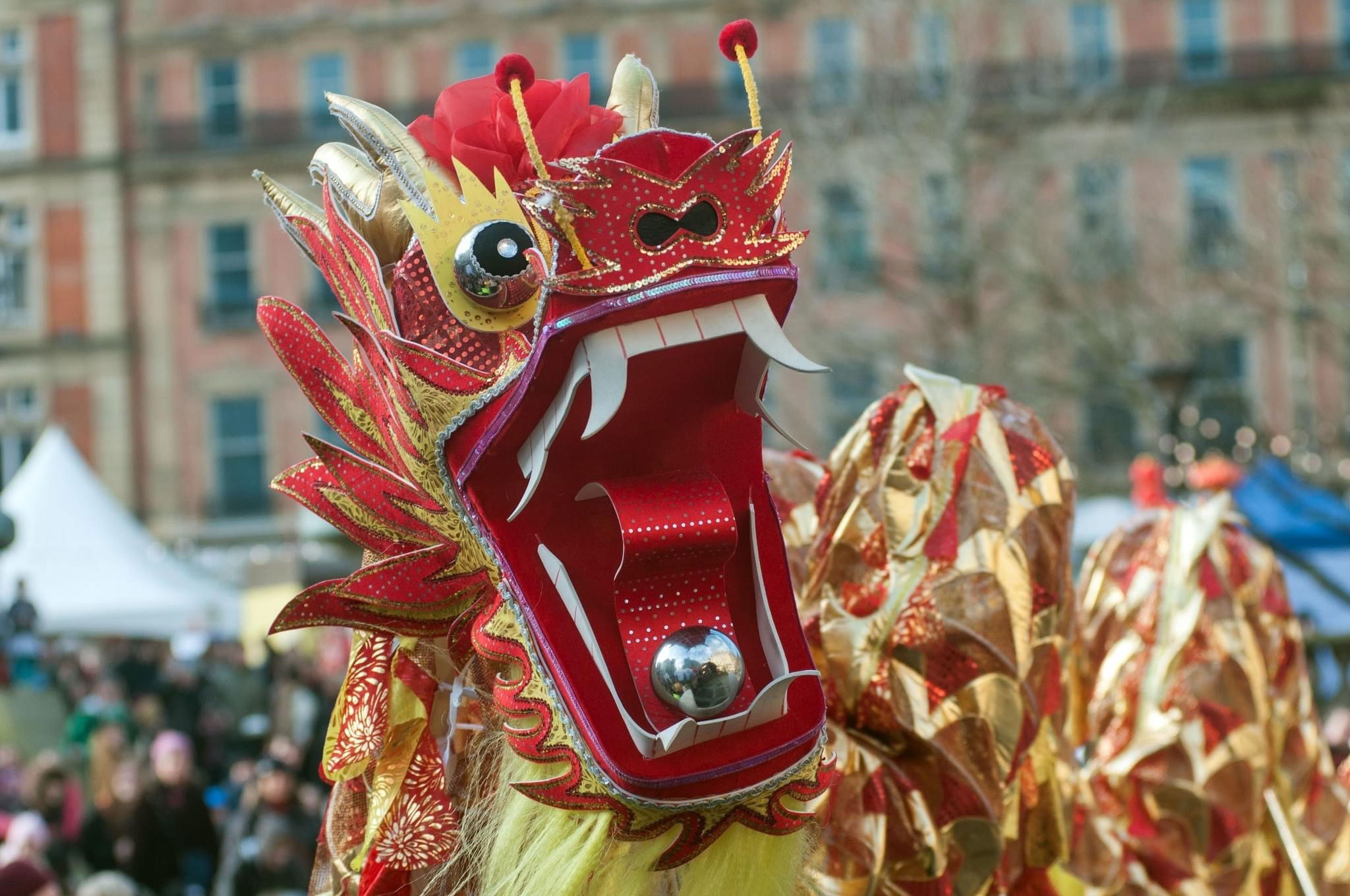 A chinese dragon, part of a street parade in Sheffield city centre for the Lunar festival