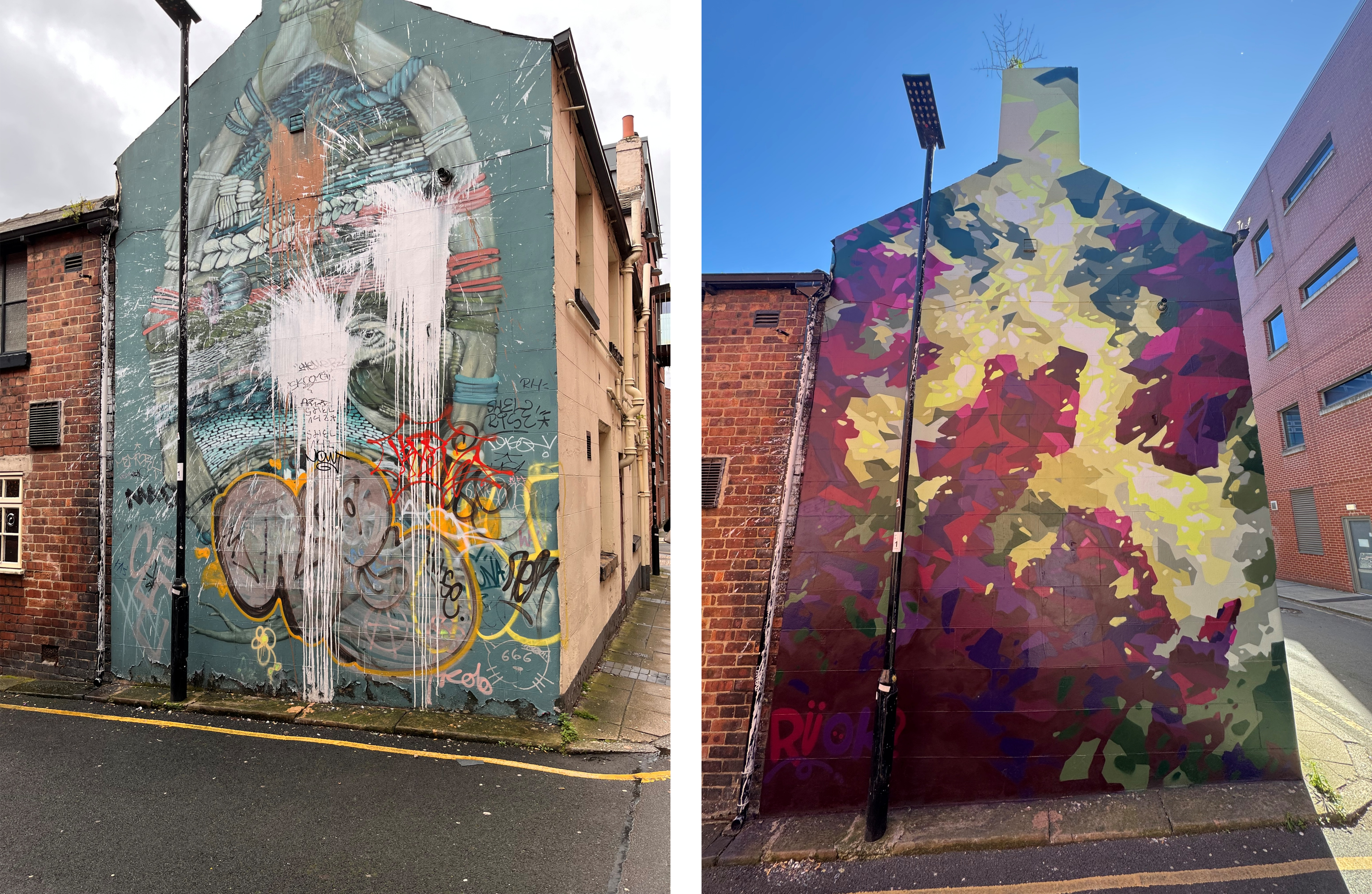 Side of the Red Lion pub showing new mural (with before and after photos)
