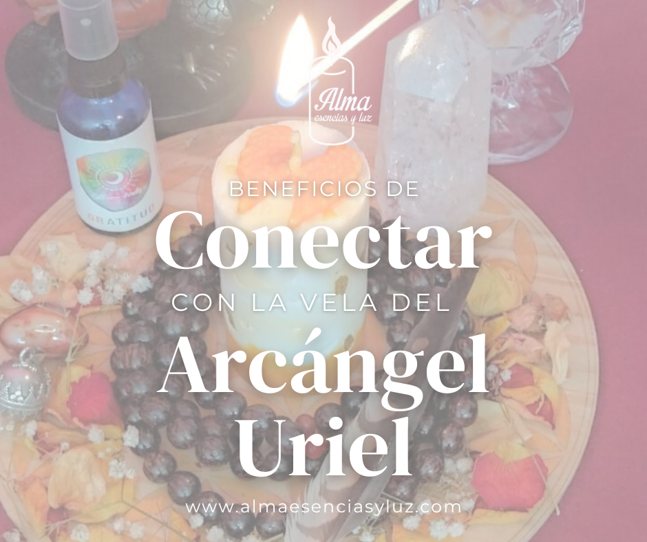 ritual con una vela del arcángel uriel, donde se ven varios elementos decorativos como un cuarzo, un collar, una pluma