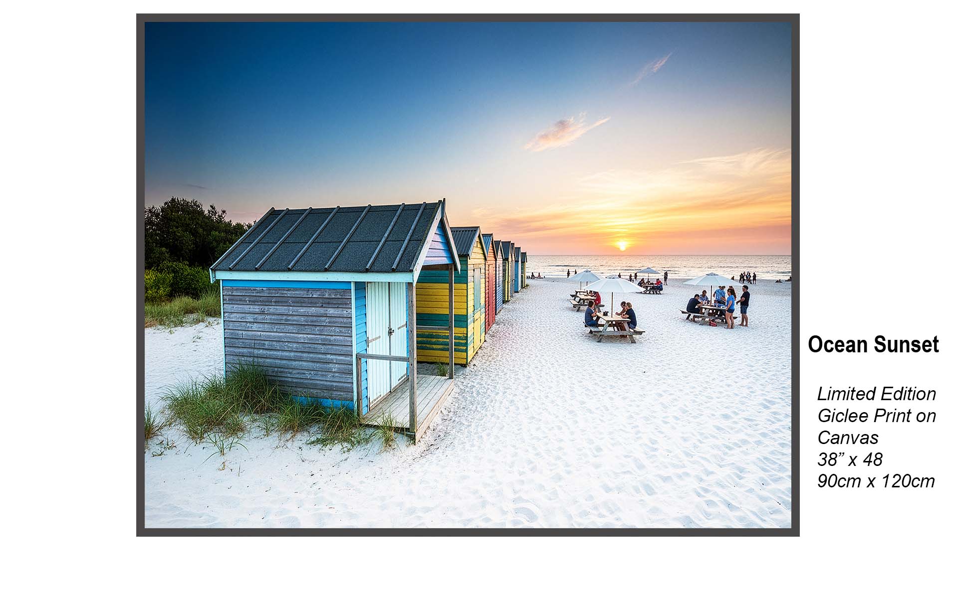 Ocean Sunset – Coastal Beach Cabins at Golden Hour | Limited Edition Giclée Canvas Art
