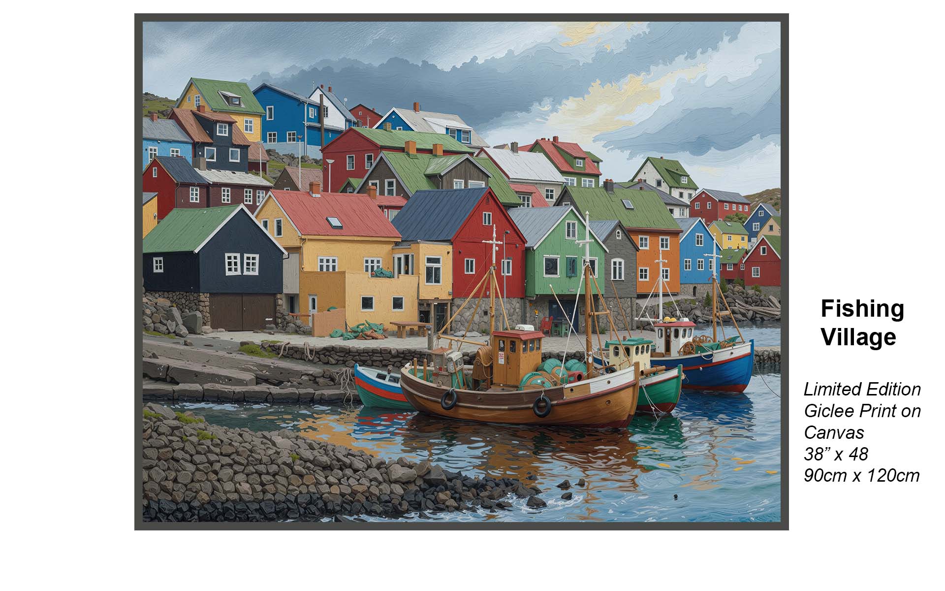 Fishing Village – Colorful Coastal Harbor Scene | Limited Edition Giclée Canvas Print