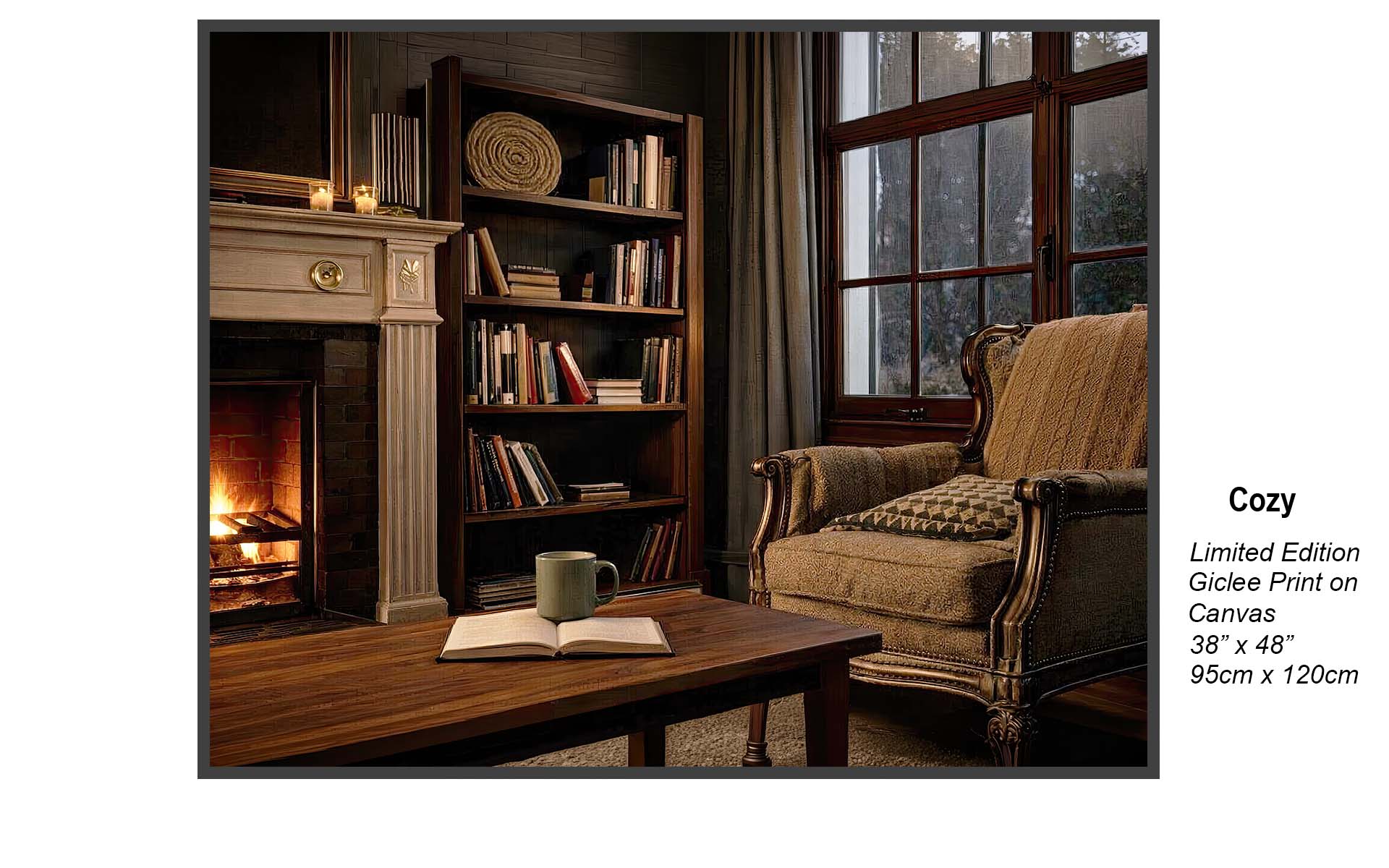 Cozy – Warm Fireplace Reading Nook Canvas Art | Limited Edition Giclée Print