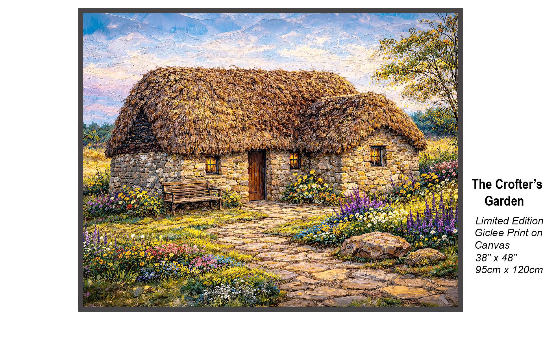 The Crofter’s Garden – Impasto Oil Painting of a Scottish Thatched Cottage with Wildflowers