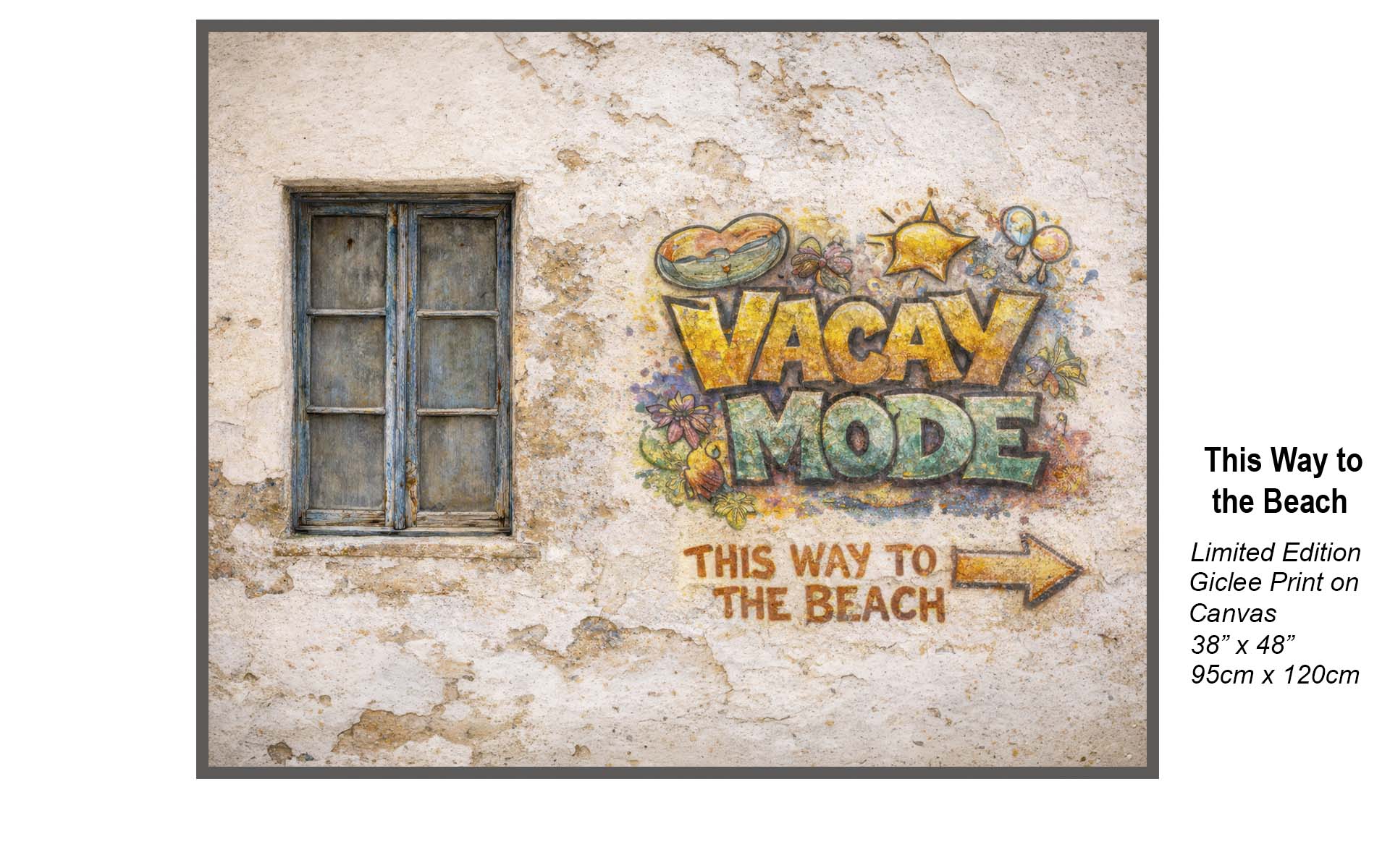 Vacay Mode Coastal Wall Art – Weathered Beach Graffiti with Arrow | Rustic Coastal Decor