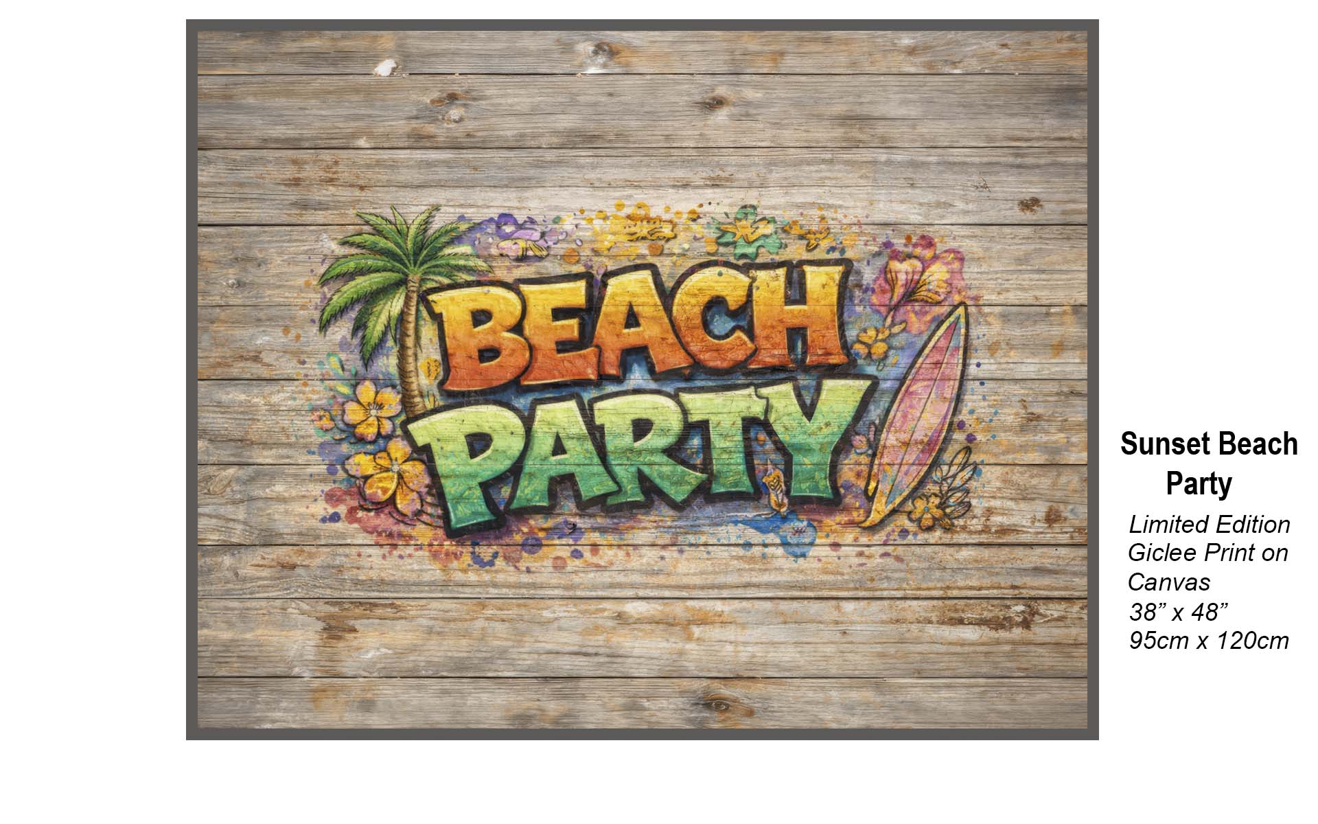 Beach Party Graffiti Wall Art on Weathered Wood | Coastal Beach House Decor Print