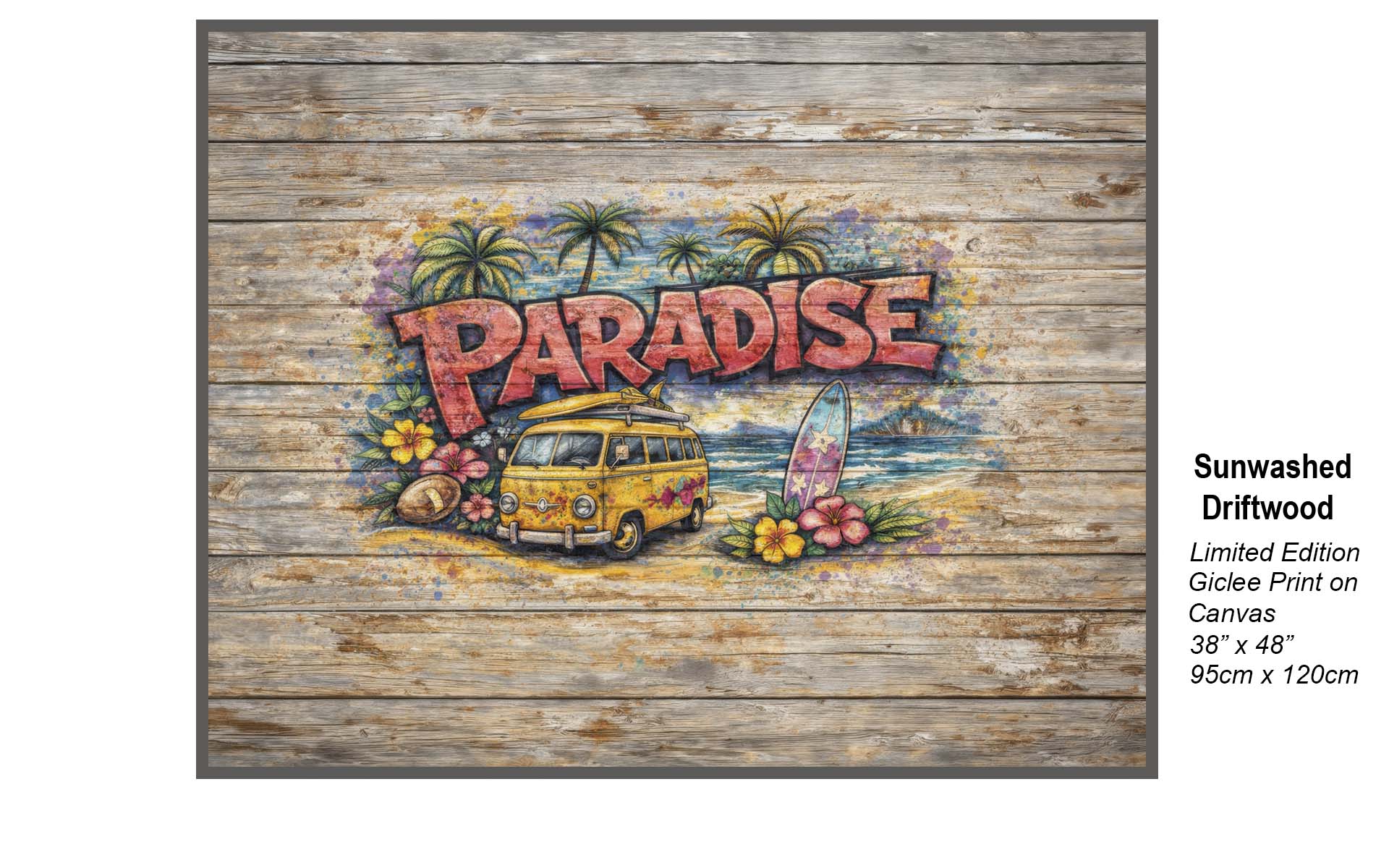 Paradise Graffiti Wall Art on Weathered Wood | Vintage Beach Van Coastal Decor
