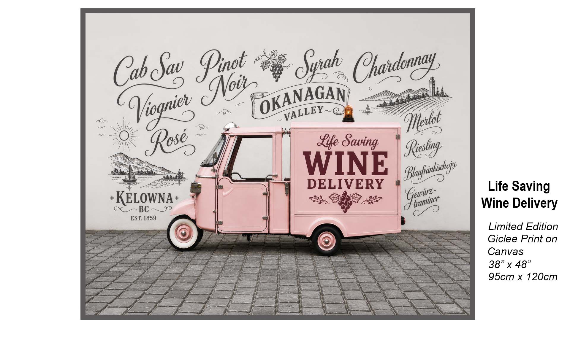 Life Saving Wine Delivery – Vintage Pink Truck Art | Okanagan Valley Wall Art