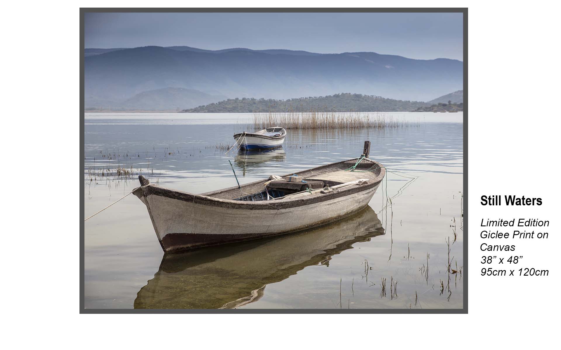 Still Waters – Rustic Boat & Mountain Lake Landscape Art