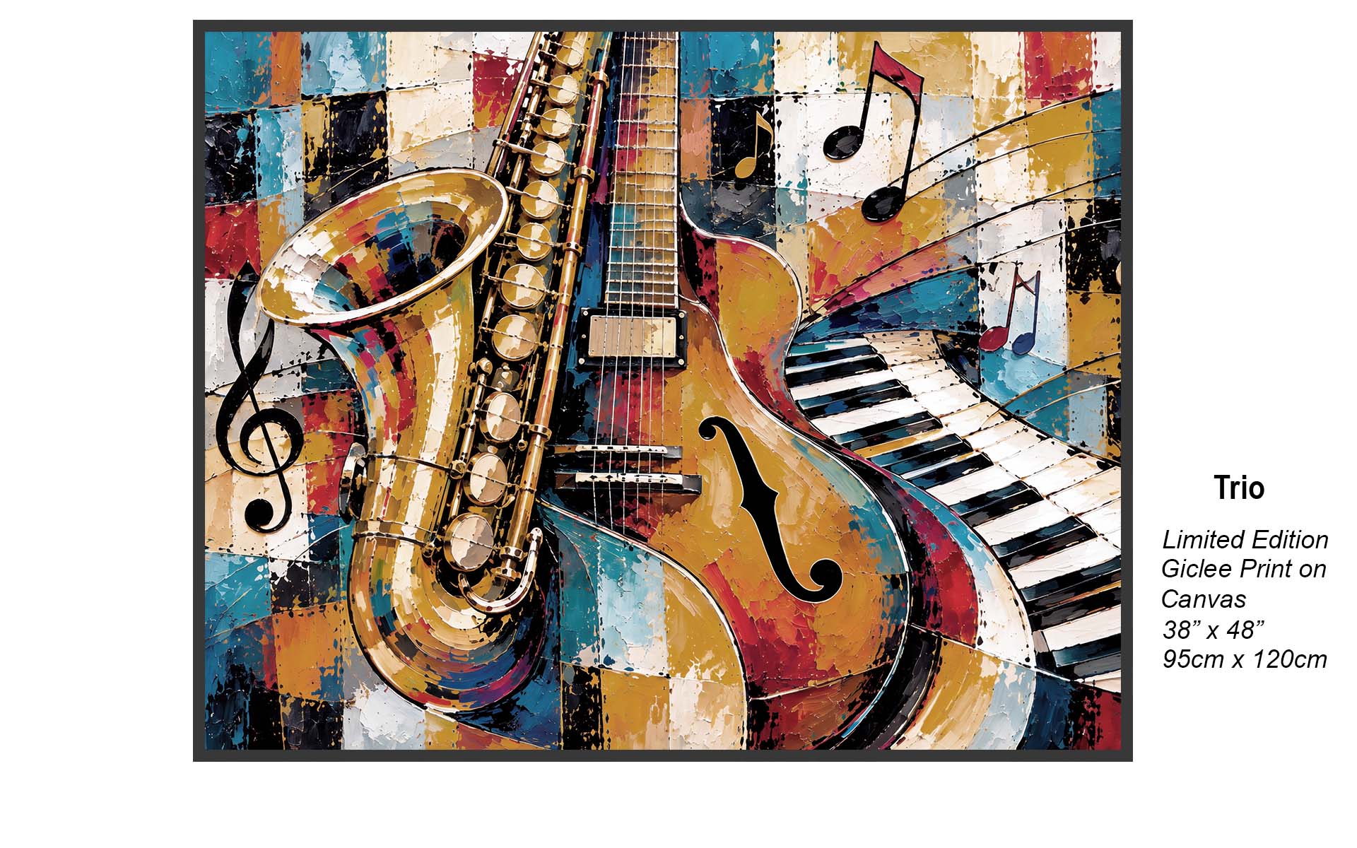 Trio — Vibrant Contemporary Jazz Music Wall Art Featuring Saxophone, Electric Guitar & Grand Piano | Colorful Abstract Musical Instrument Canvas Artwork