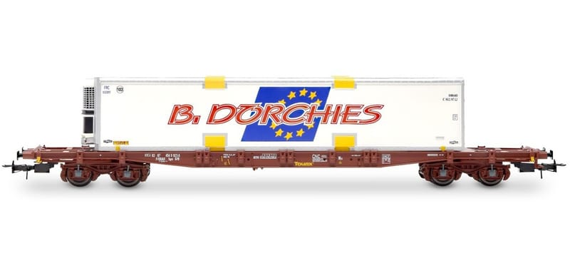 Wagon porte-conteneurs Sgss Novatrans, conteneur Trans-Fer rouge, SNCF
