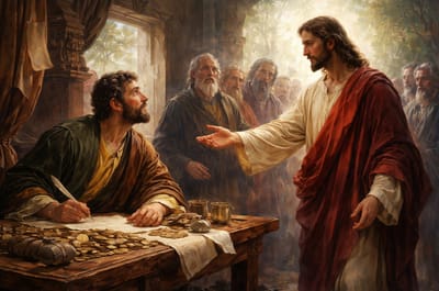 «رَأَى رَجُلًا جَالِسًا في دَارِ الجِبَايَةِ، اسْمُهُ مَتَّى، فَقَالَ لَهُ: اتَّبِعْنِي. فَقَامَ وَتَبِعَهُ»