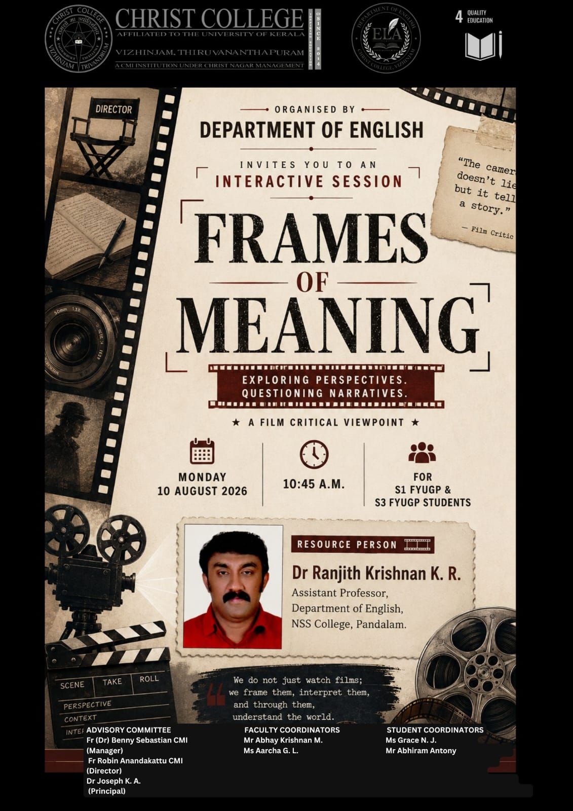 Talk on Film Studies at Christ College, Vizhinjam