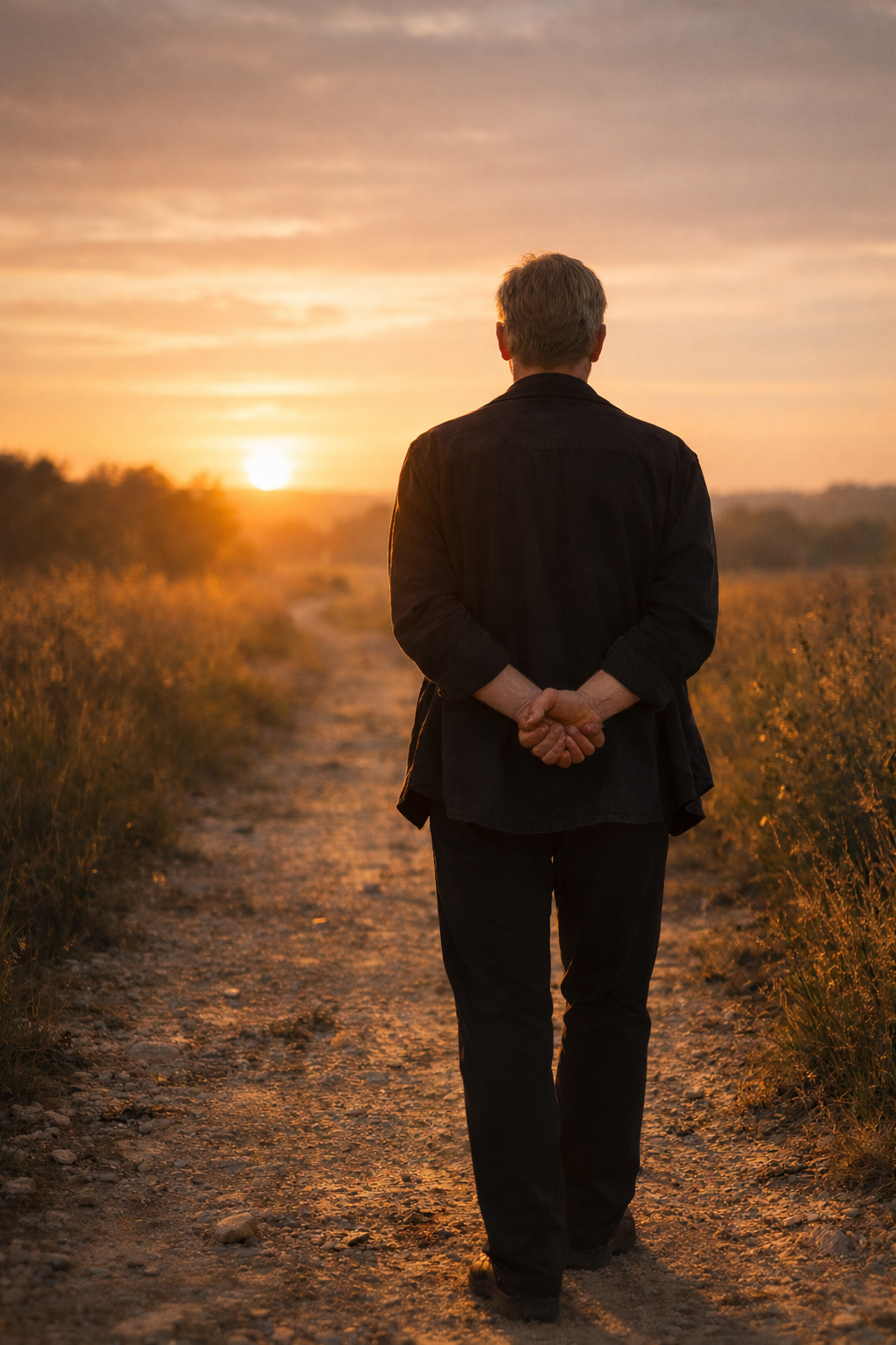 Homme vu de dos, marchant seul sur un chemin au coucher du soleil, vêtu de noir.