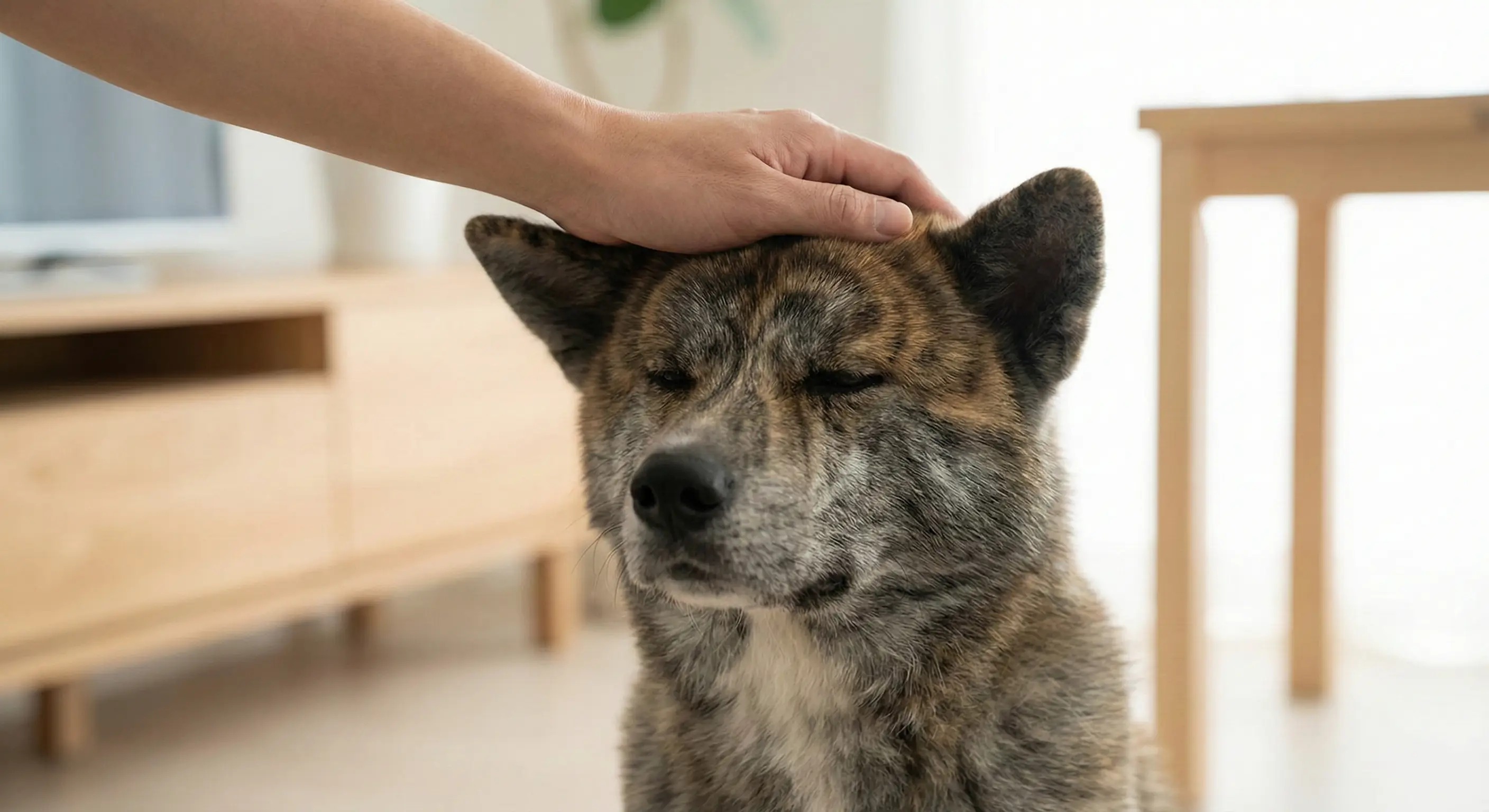 Un akita inu bringé se fait carresser la tête dans un décor épuré et très lumineux, par akita imperial