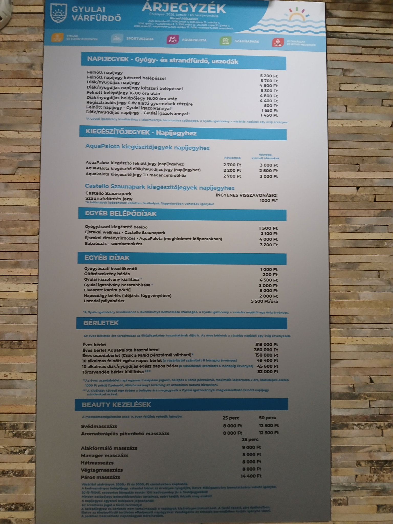 Árjegyzék Gyula Fűrdö 2026