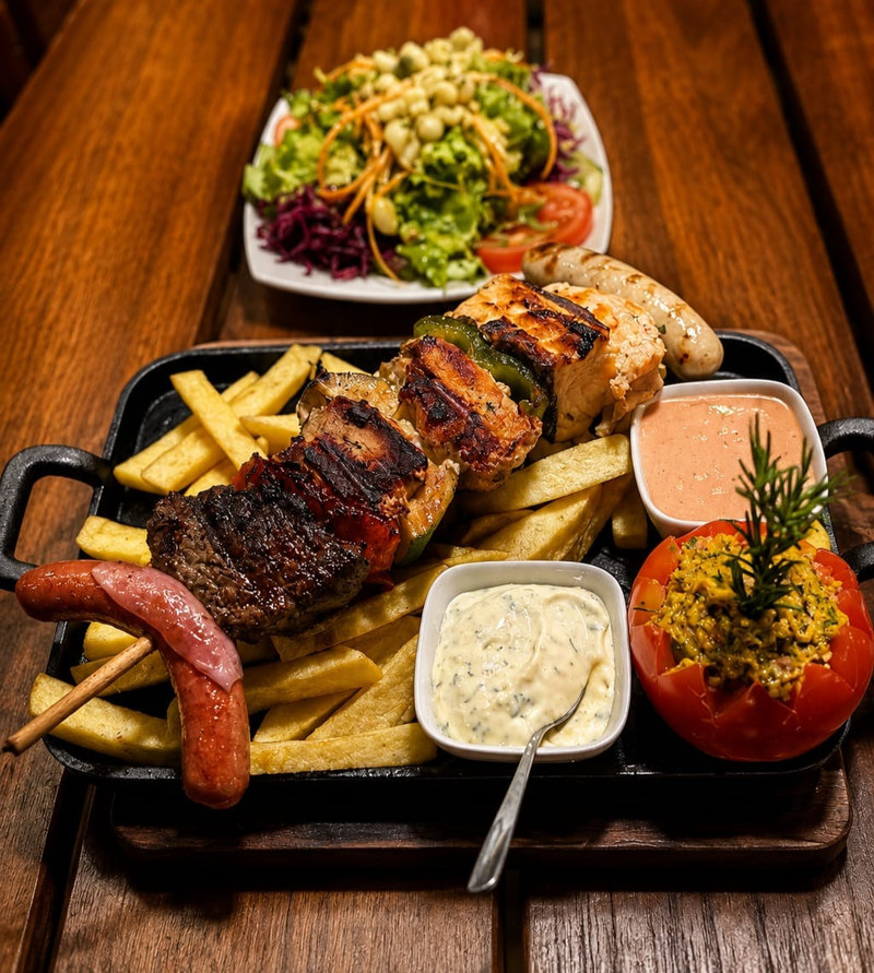 eligiendo entre lomo fino de res, lomo fino de cerdo, filete de pollo, camarones gigantes y filete de salmón