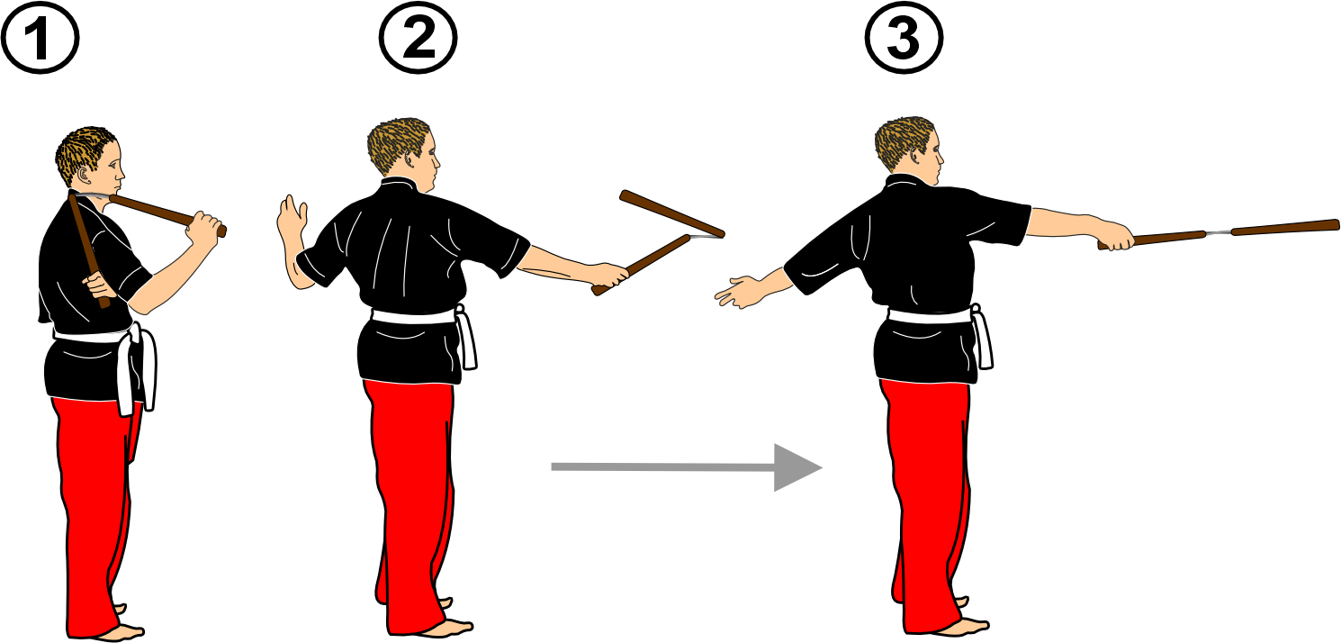 Piercing nunchaku strike from shoulder guard