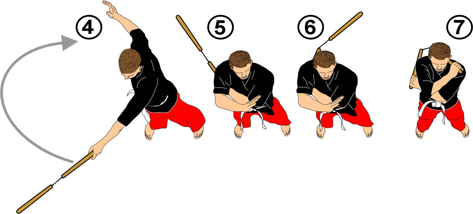 Horizontal nunchaku strike at neck level