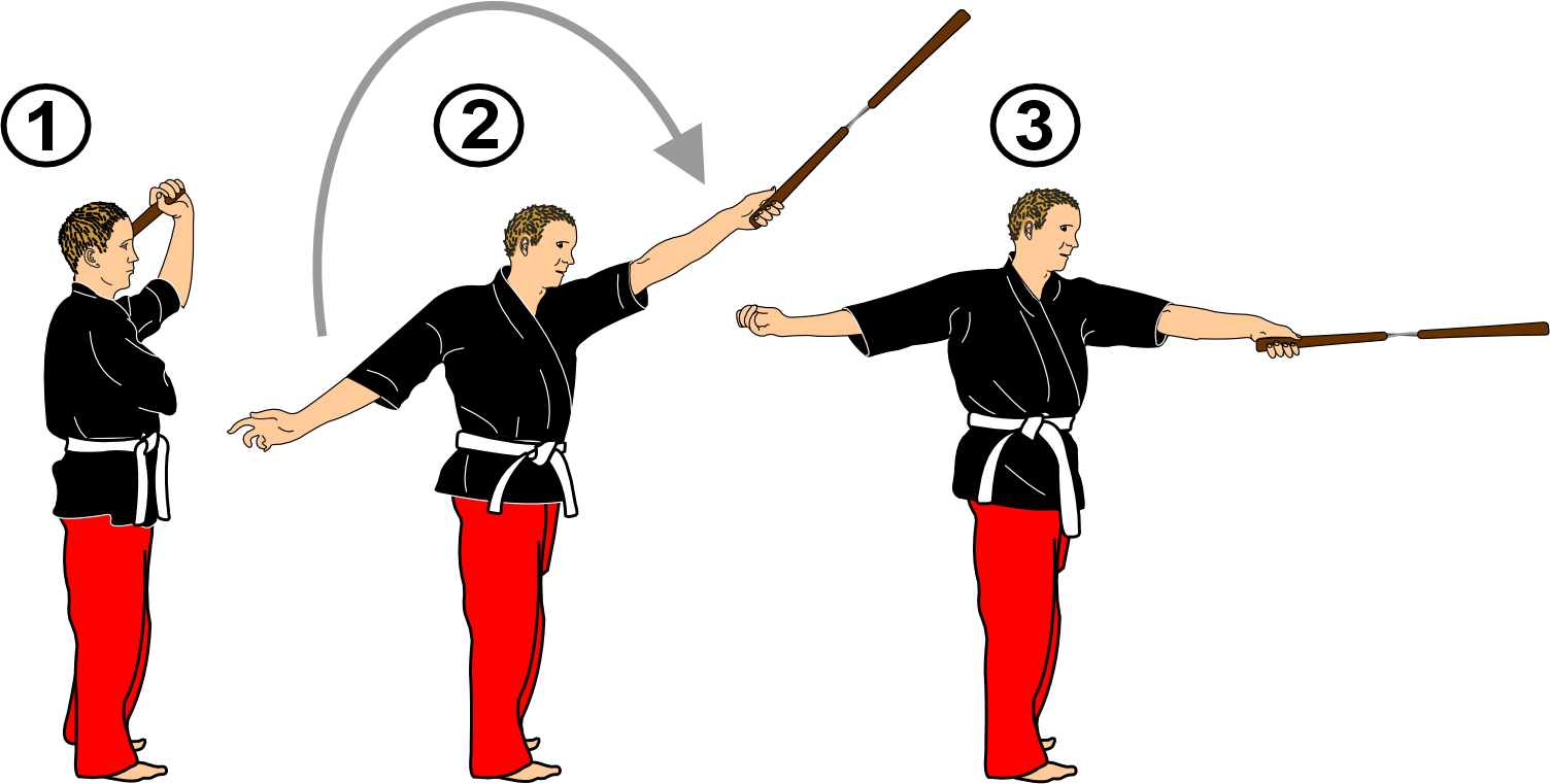 Nunchaku vertical strike from shoulder guard technique