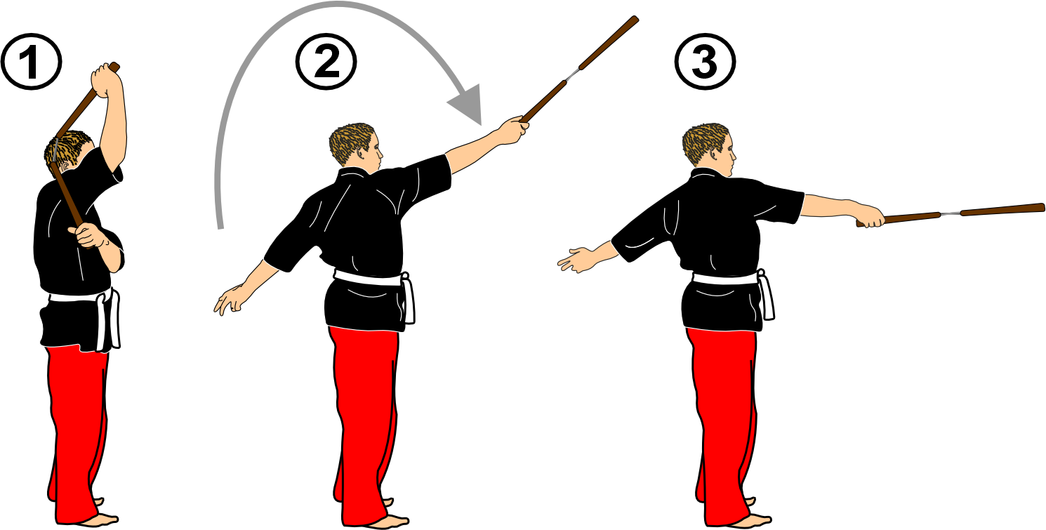 Nunchaku vertical strike from shoulder guard