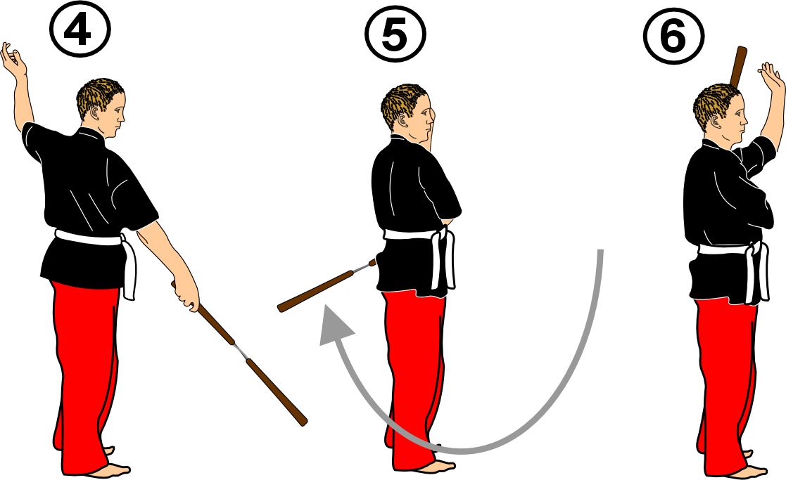 Nunchaku strike from shoulder guard stance