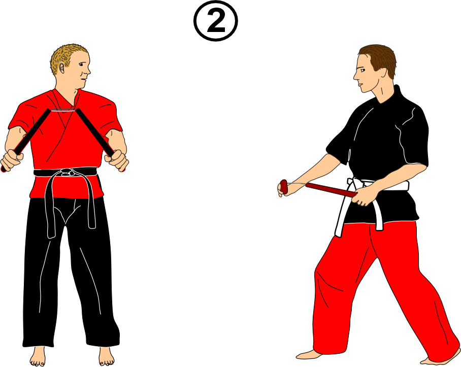 Partner approaching too closely in nunchaku kata