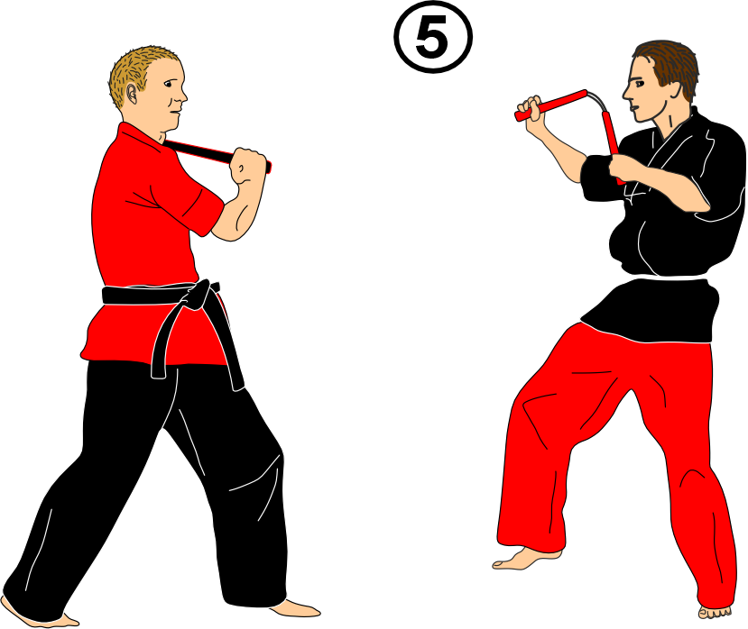 Horizontal strike attack in partner nunchaku kata
