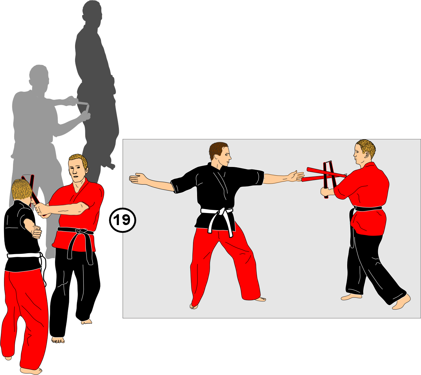 Rising as opponent takes second nunchaku