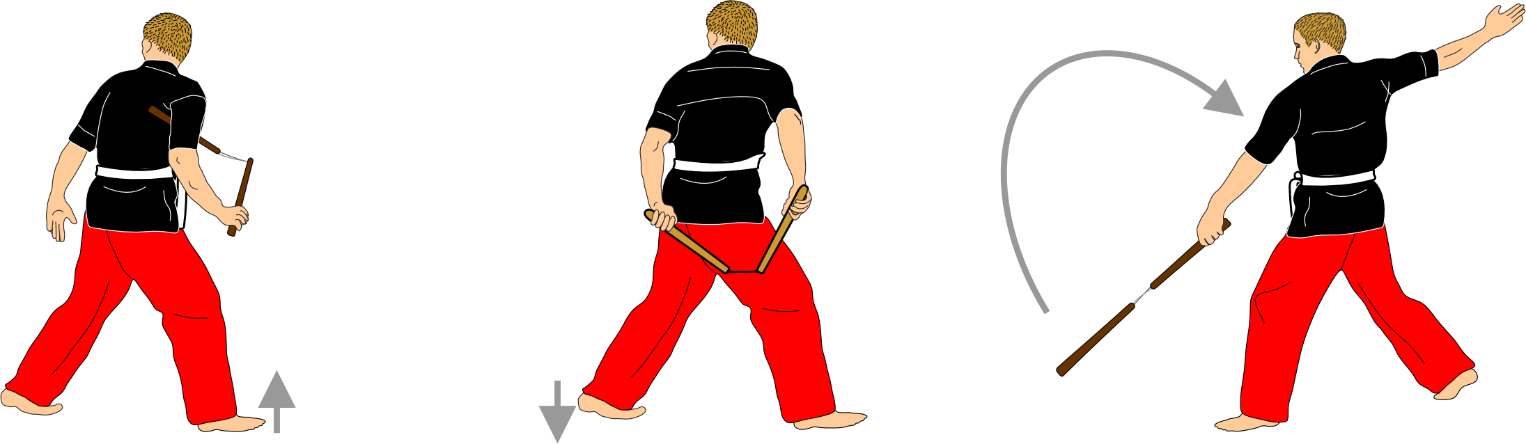 Pivot with hand change into rising vertical strike