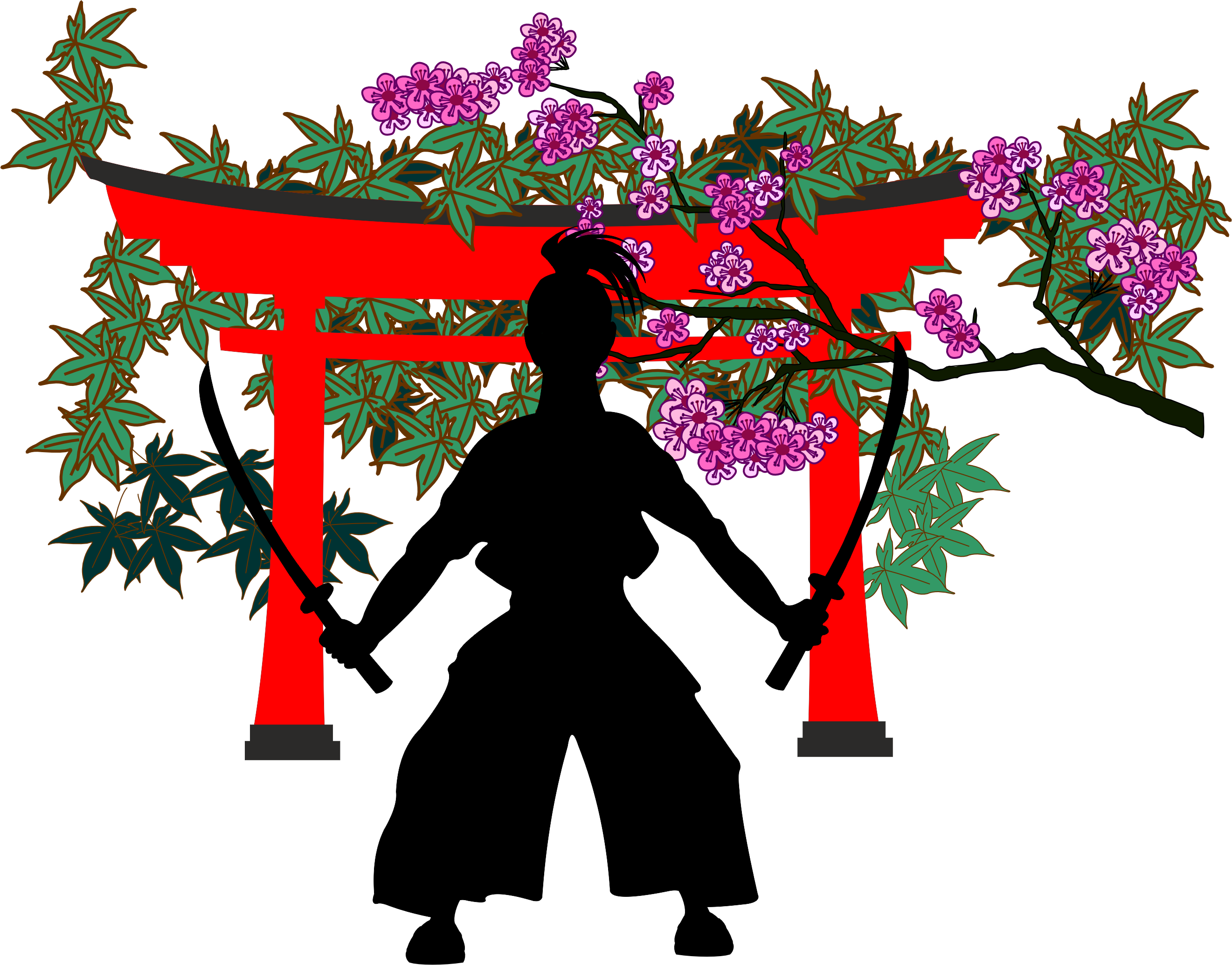 Samurai with two swords standing before a Japanese torii gate