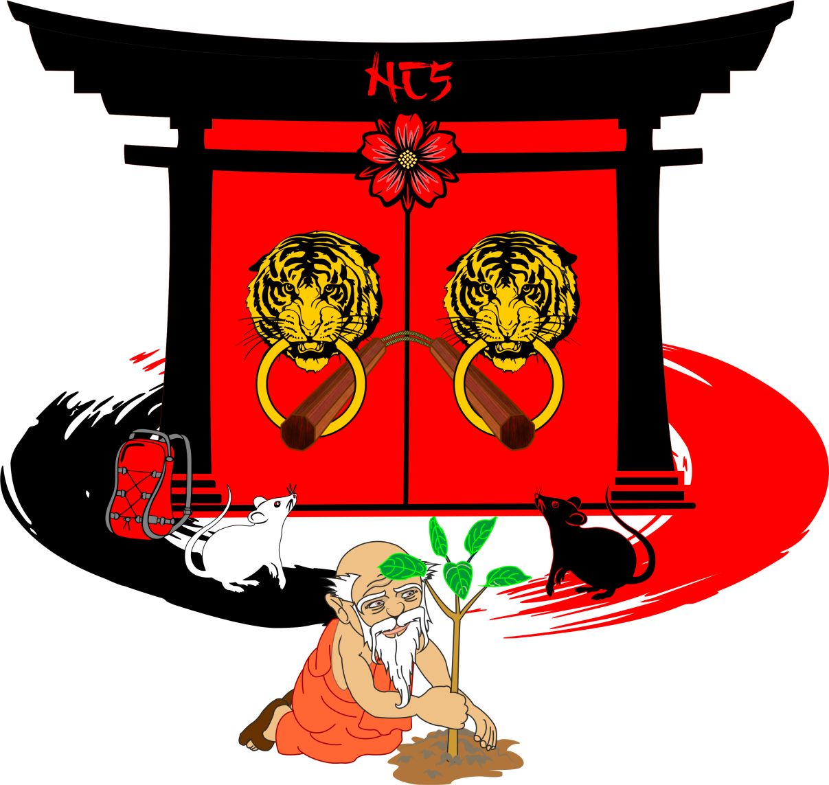 NC5 gate with two tiger heads holding a wooden nunchaku, symbolizing the beginning of the nunchaku path.