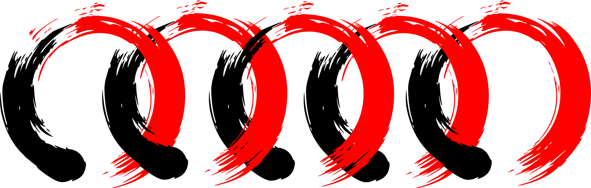 Five red and black enso circles representing the NC5 system: Law, Flow, Open, Measured and Enso as a complete path of self-development.