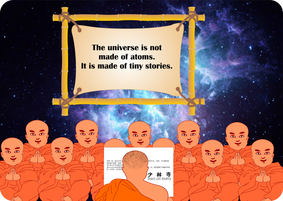 Buddhist monks learning with a universe background symbolizing that reality is made of stories not atoms
