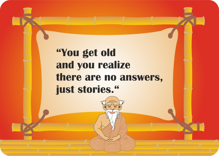 Zen monk with universe background and text not atoms tiny stories representing philosophical thinking