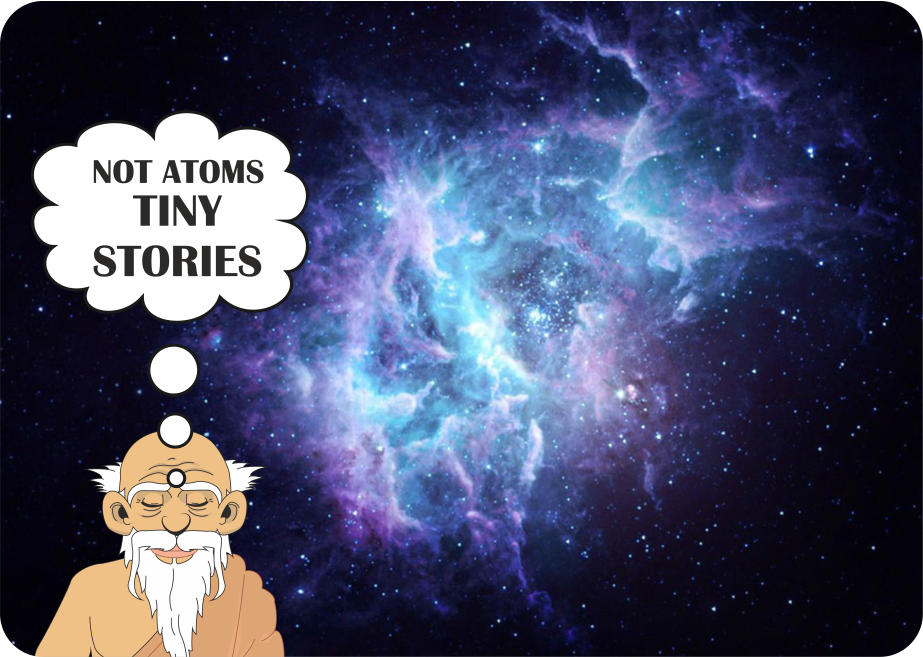 Zen monk with universe background and text not atoms tiny stories representing philosophical thinking